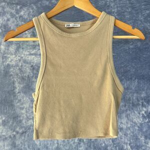 Zara Shirt Womens Medium Beige Ribbed Crop Tank Top Sleeveless Cotton Stretch
